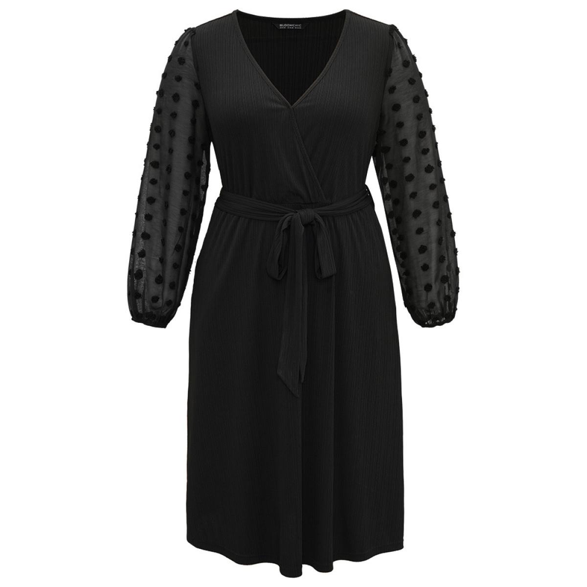 Plus Size Polka Dot Chiffon Mesh Patchwork Wrap Dress Black Women Elegant Elastic cuffs Overlap Collar Long Sleeve Curvy Midi Dress BloomChic 18-20/2X Product Image