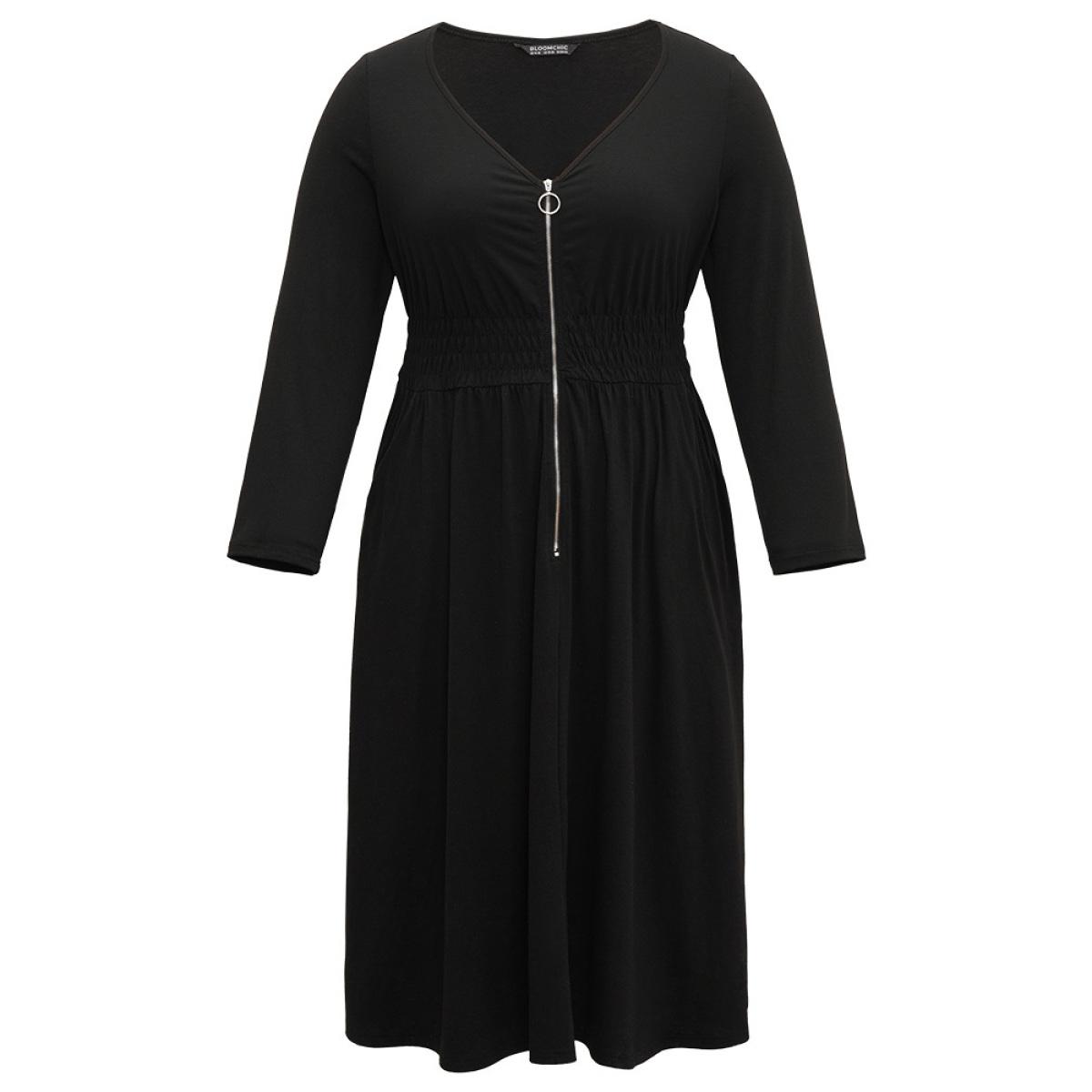 Plus Size Supersoft Essentials Solid Pocket Zipper Shirre Dress Black Women Basics Plain V-neck Long Sleeve Curvy Midi Dress BloomChic 10/M Product Image