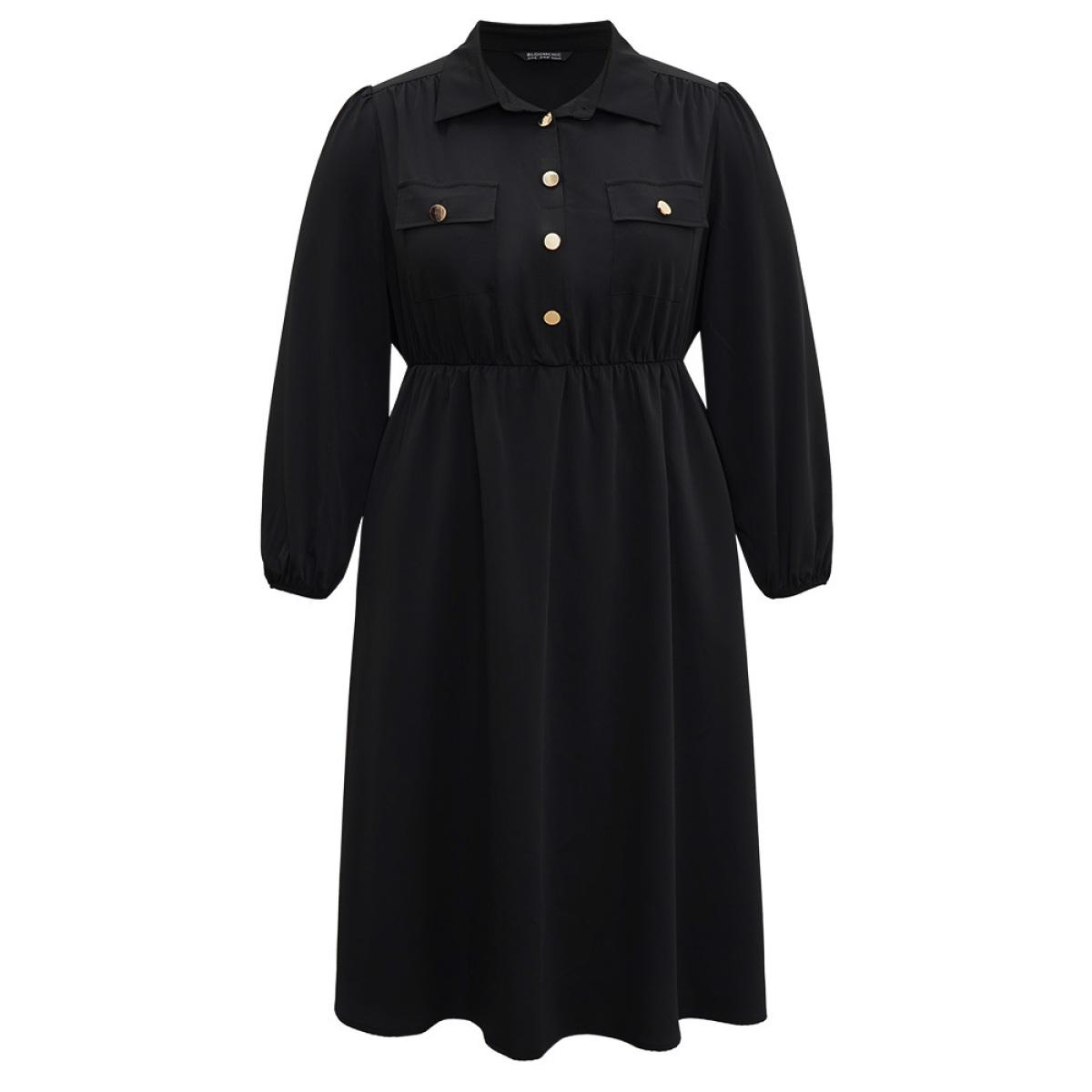 Plus Size Static-Free Plain Button Detail Lantern Sleeve Dress Black Women Office Elastic cuffs Shirt collar Long Sleeve Curvy Midi Dress BloomChic 22-24/3X Product Image
