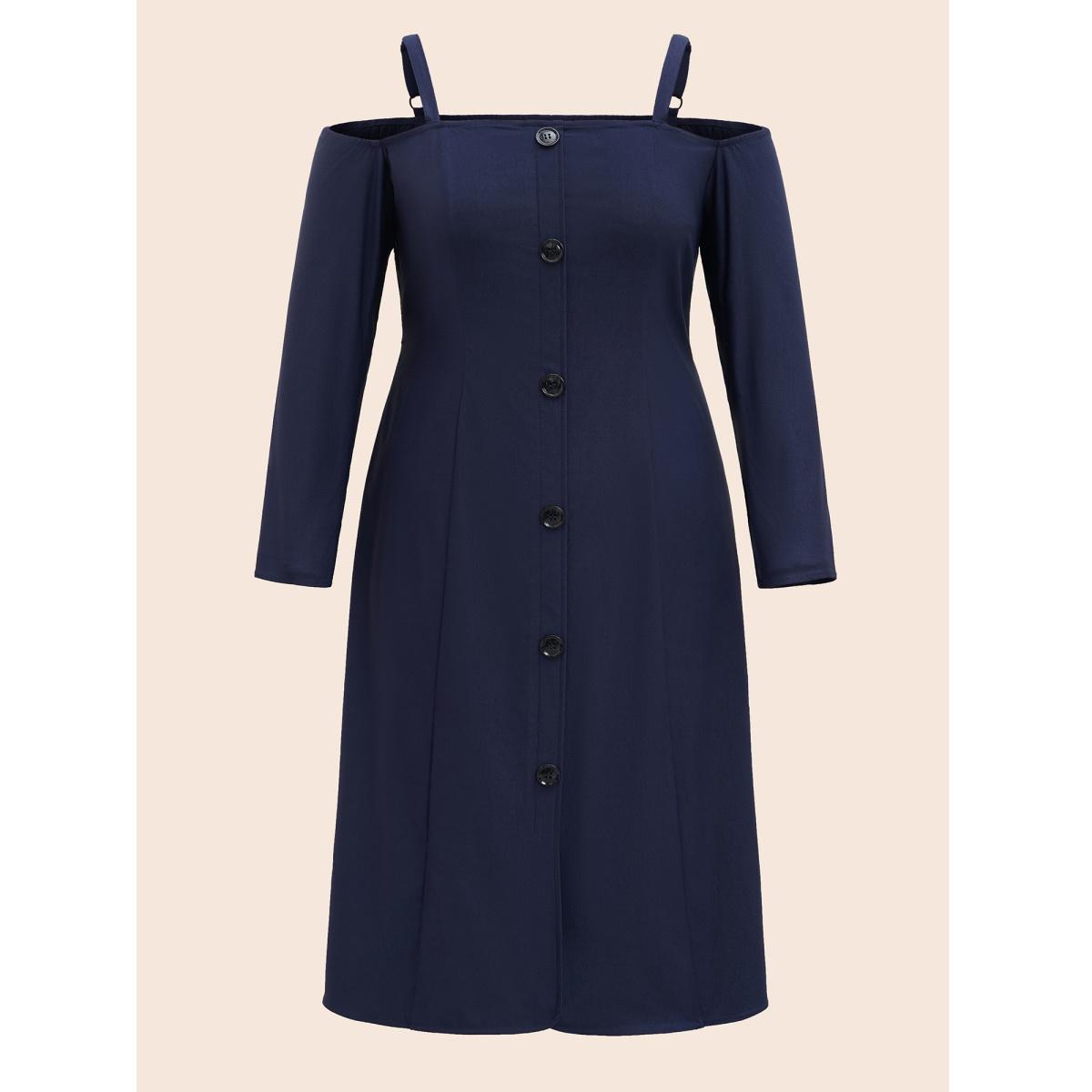 Plus Size Stretch Woven One-Shoulder Midi Dress DarkBlue Women At the Office Button One-shoulder neck Long Sleeve Curvy BloomChic 28/5X Product Image