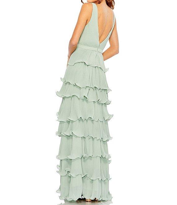 Mac Duggal Deep V-Neck Sleeveless Ruffle Tiered Thigh High Slit Gown Product Image