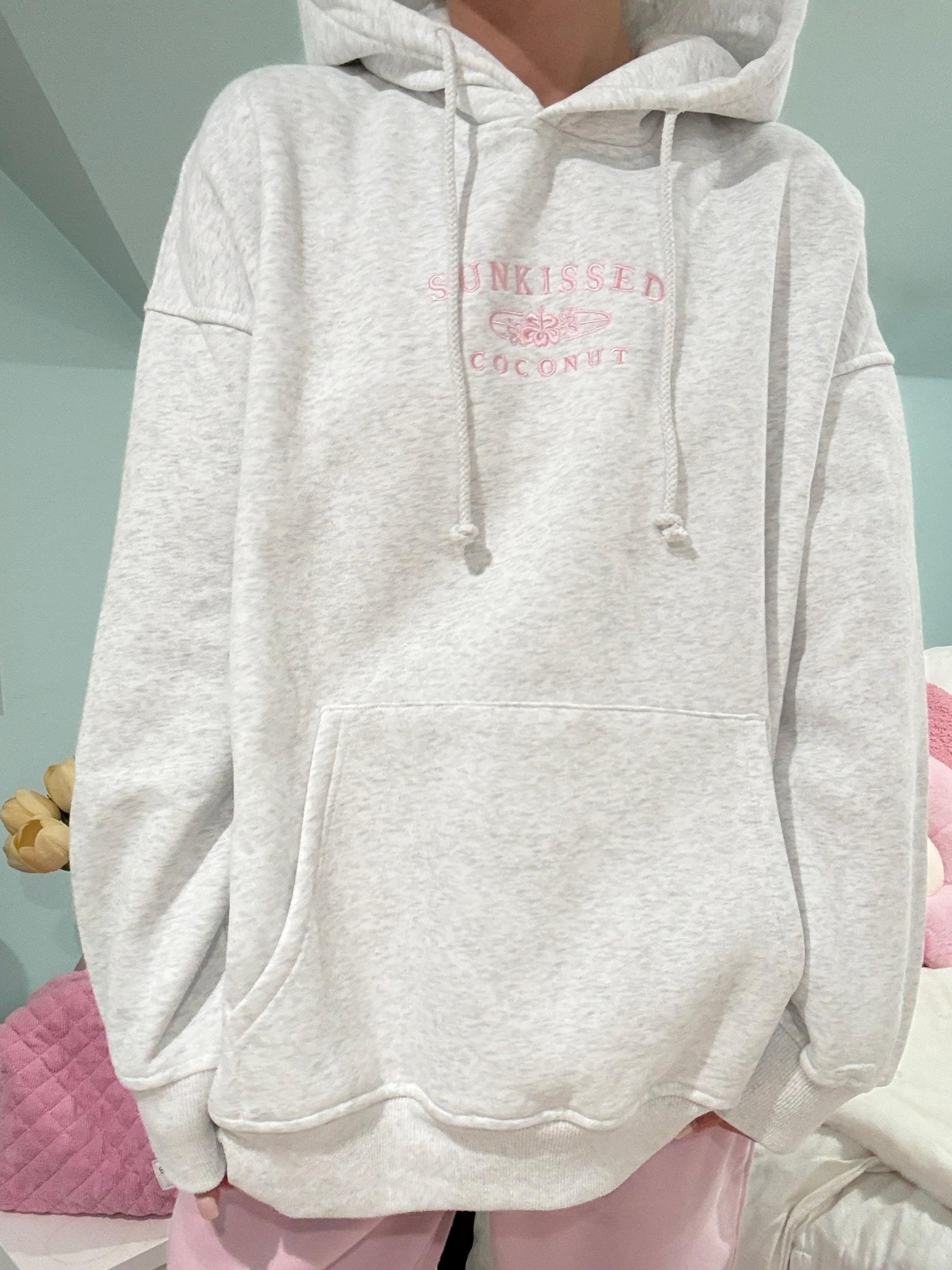 Pearl Grey and Pink Thread Sunkissedcoconut Logo Embroider Hoodie Product Image