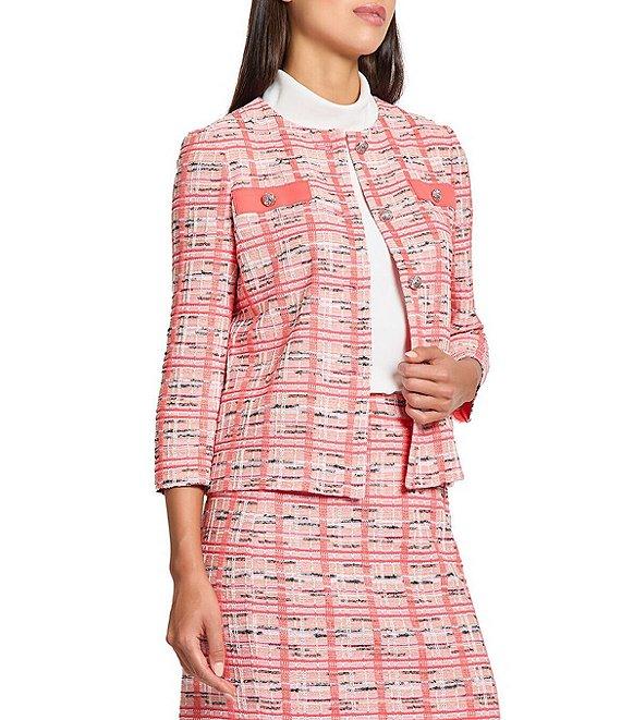 Ming Wang Plaid Knit Round Neck 3/4 Sleeve Button Front Jacket Product Image