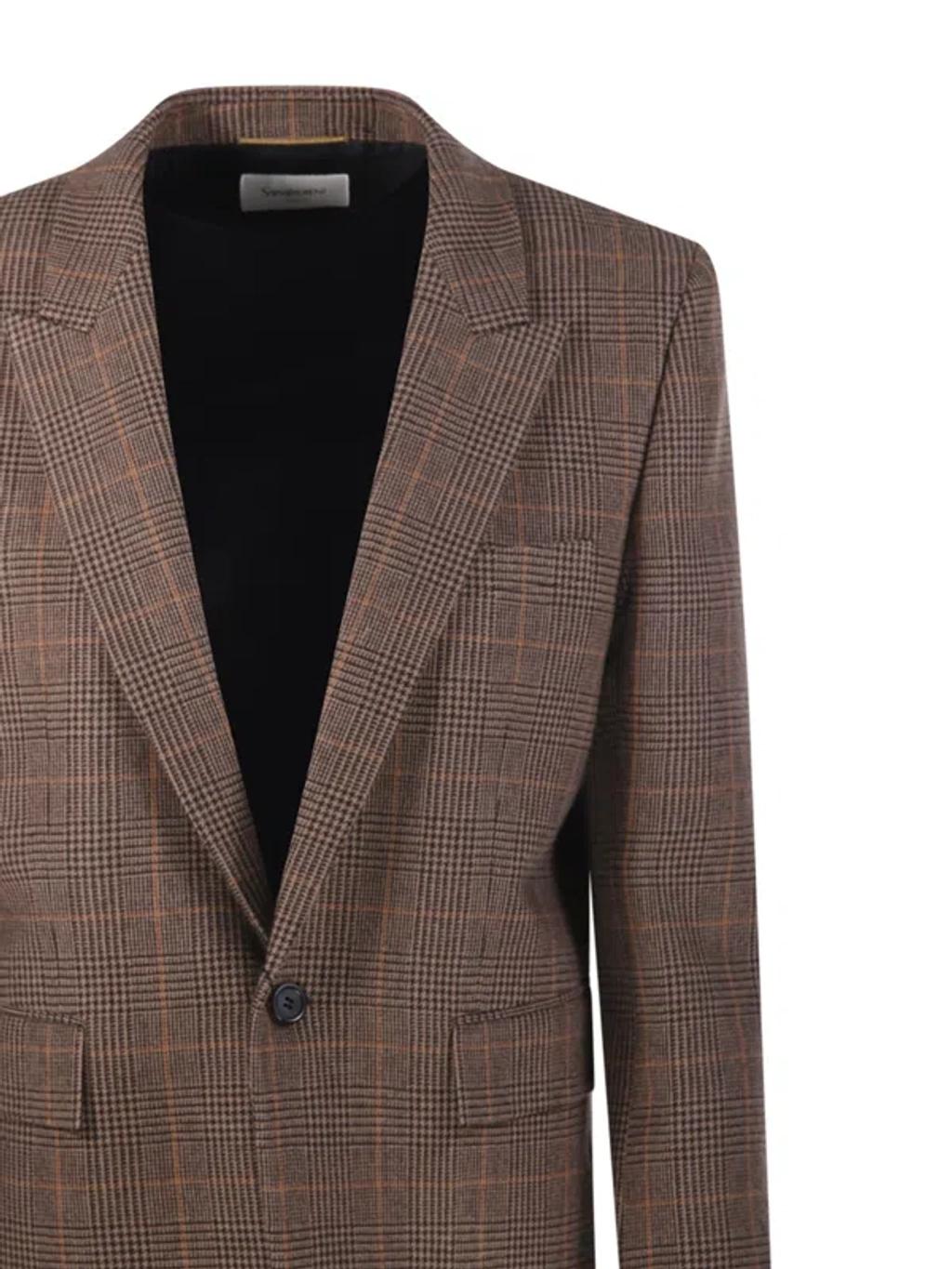SAINT LAURENT Single-breasted Slim Houndstooth Plaid Blazer In Brown Product Image