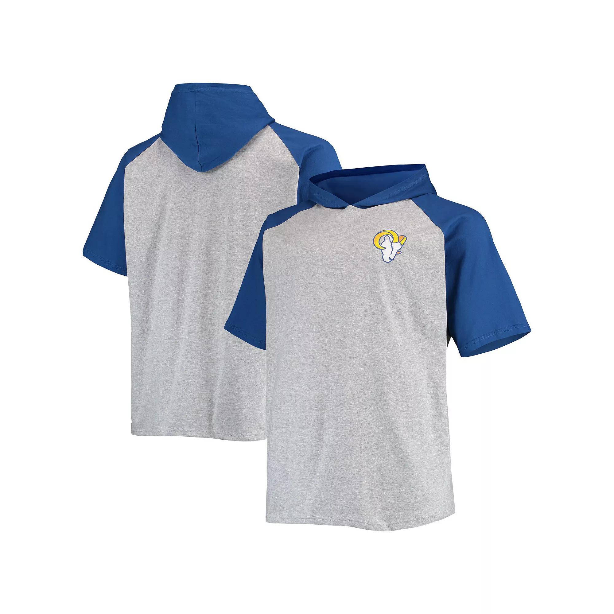 Men's Heathered Gray/Royal Los Angeles Rams Big & Tall Raglan Short Sleeve Pullover Hoodie, Size: 2XLT, Grey Product Image