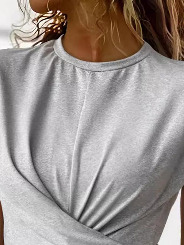 Raglan Sleeve Skinny Buttoned Knot Pleated Solid Color Round-Neck T-Shirts Tops Product Image