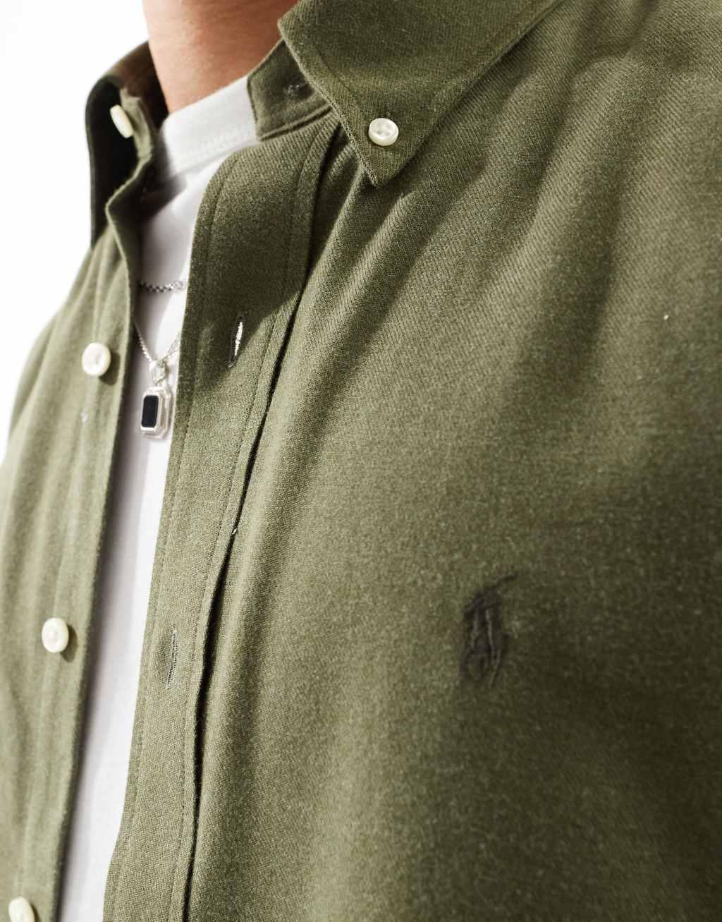 Polo Ralph Lauren icon logo performance brushed twill shirt in dark green heather Product Image