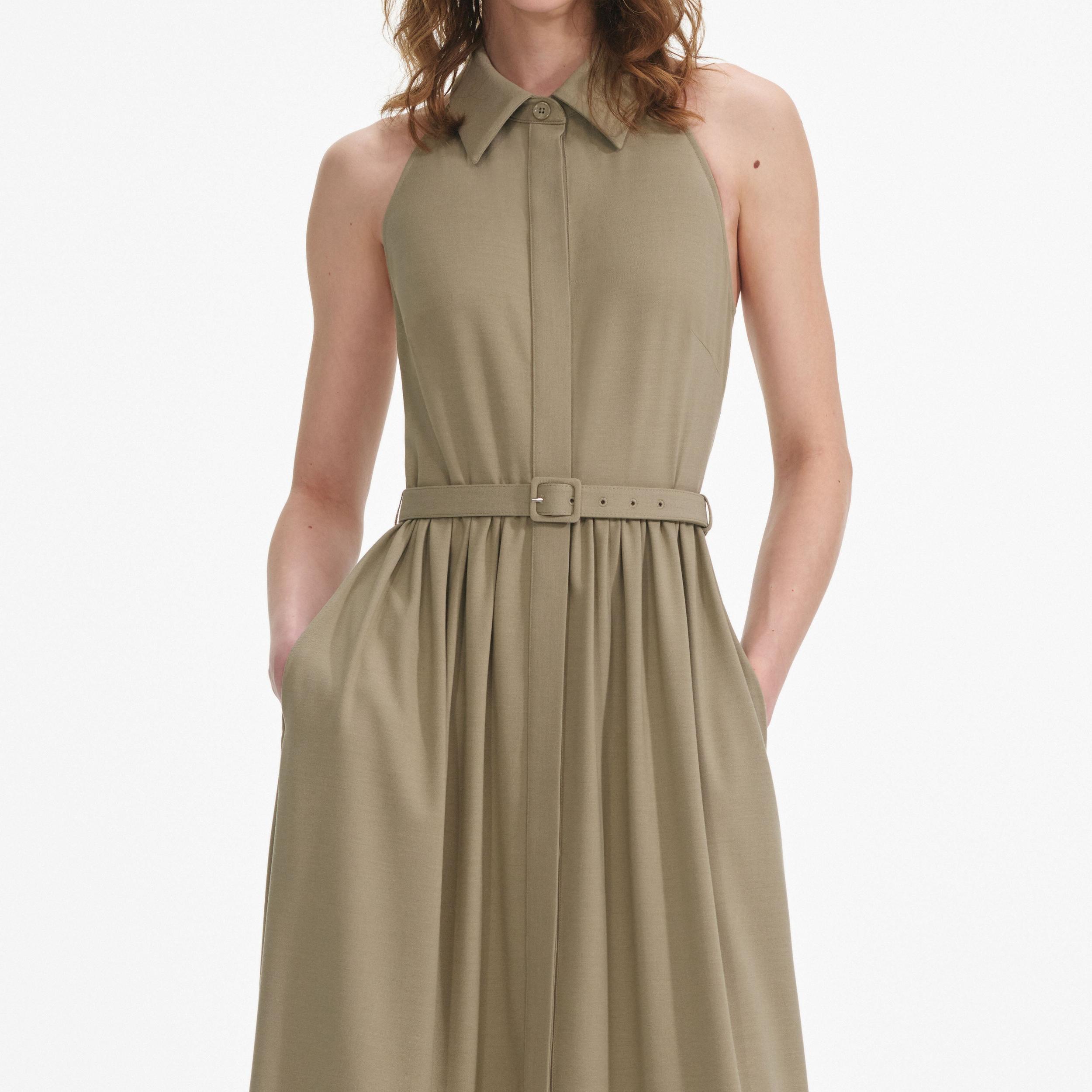 Beige Sleeveless Twill Maxi Dress Product Image