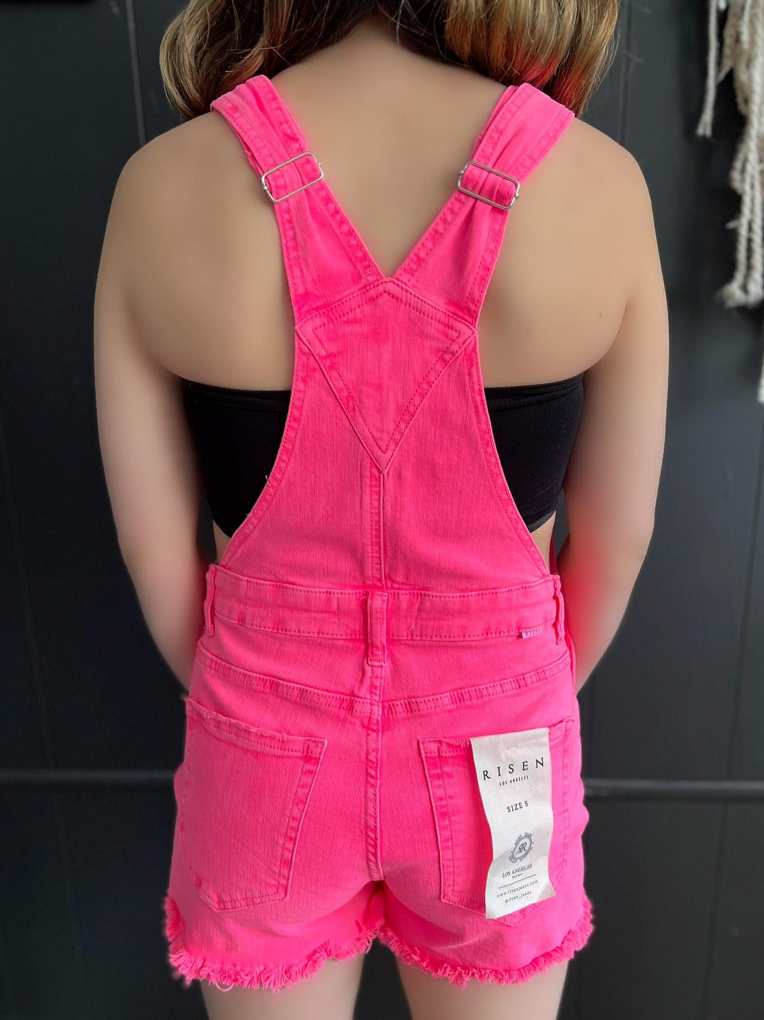Hot Pink Front Distressed Short Overalls Product Image