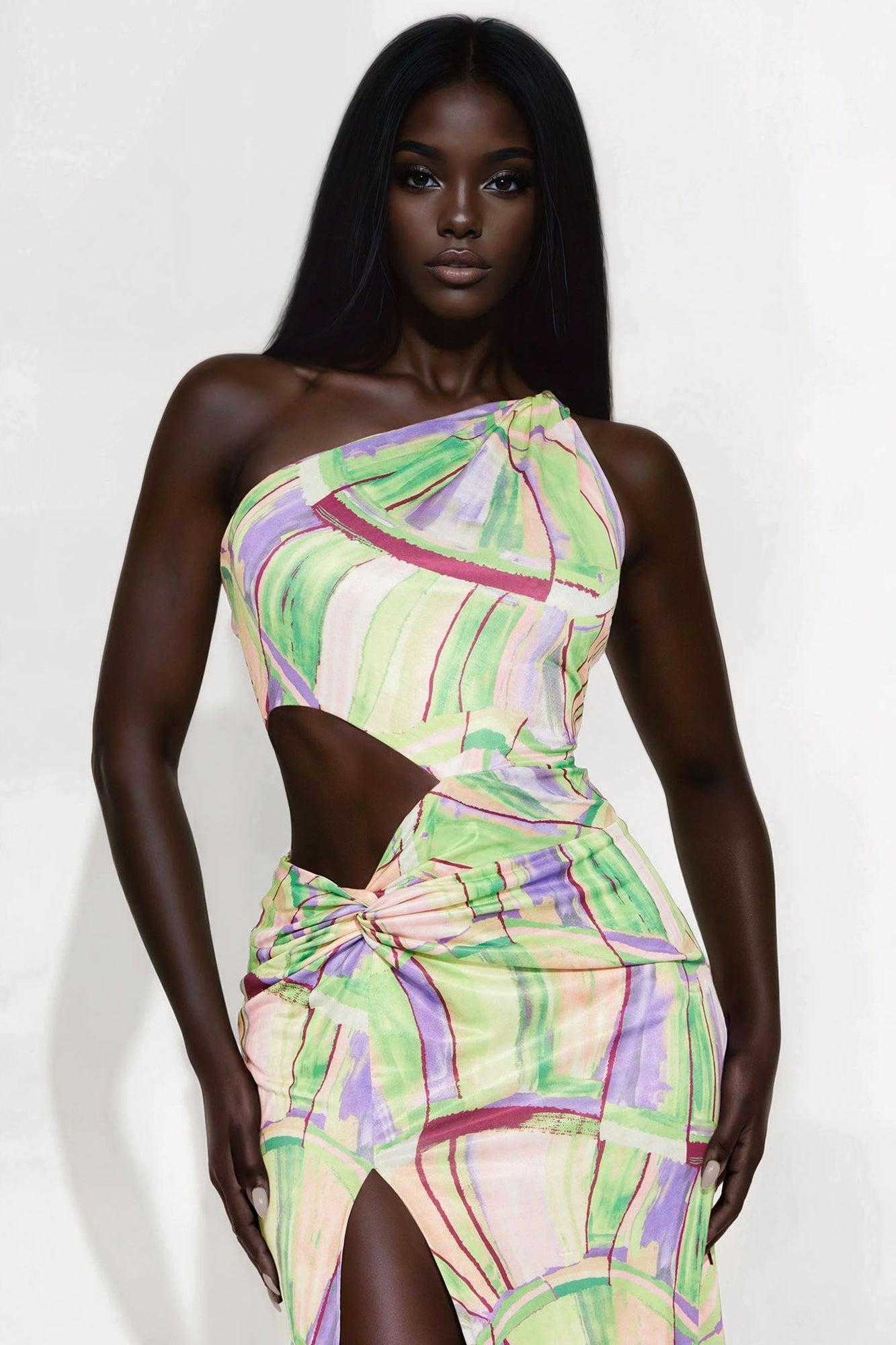 Selene One Shoulder Maxi Dress - Green/combo Female Product Image