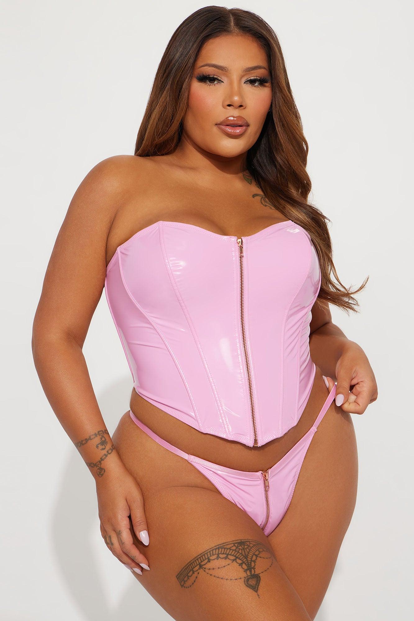 Follow My Lead Liquid Vinyl 2 Piece Corset Set - Pink Product Image