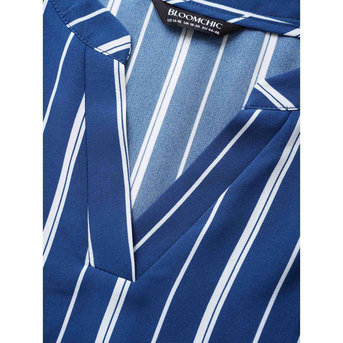 Plus Size Notched Striped Button Cuff Sleeve Dress Mediumblue Women Workwear Essentials Belted Flat collar with V-notch Half Sleeve Curvy BloomChic 12/L Product Image