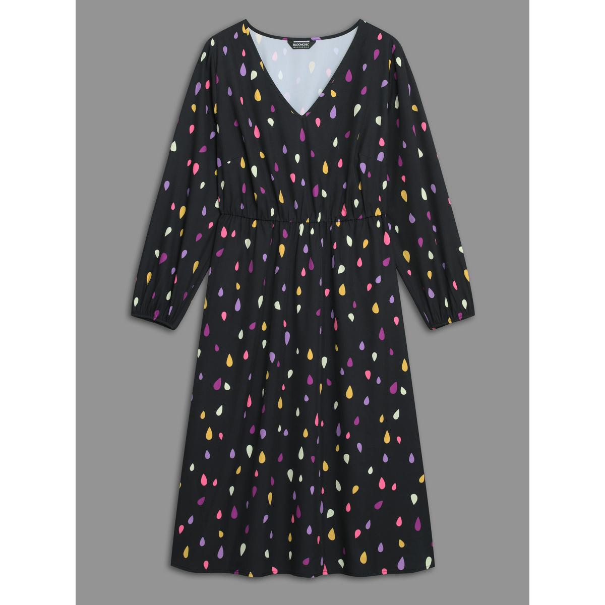 Plus Size V Neck Color Contrast Lantern Sleeve Dress Black Women Elegant Contrast V-neck Long Sleeve Curvy BloomChic 18-20/2X Product Image