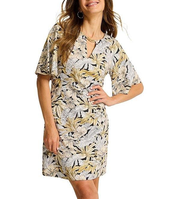 Tommy Bahama Darcy Grand Canal Tencel Etched Frond Print Chain Neck Flutter Short Sleeve A-Line Dress Product Image