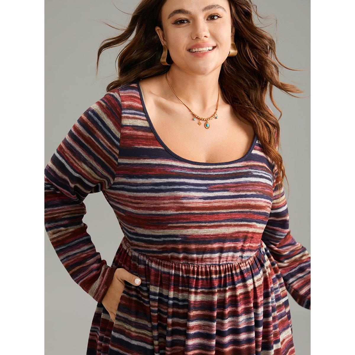 Plus Size Colour Striped Heather Elastic Waist Scoop Neck Dress Multicolor Women Casual Printed Scoop Neck Long Sleeve Curvy Midi Dress BloomChic 12/L Product Image