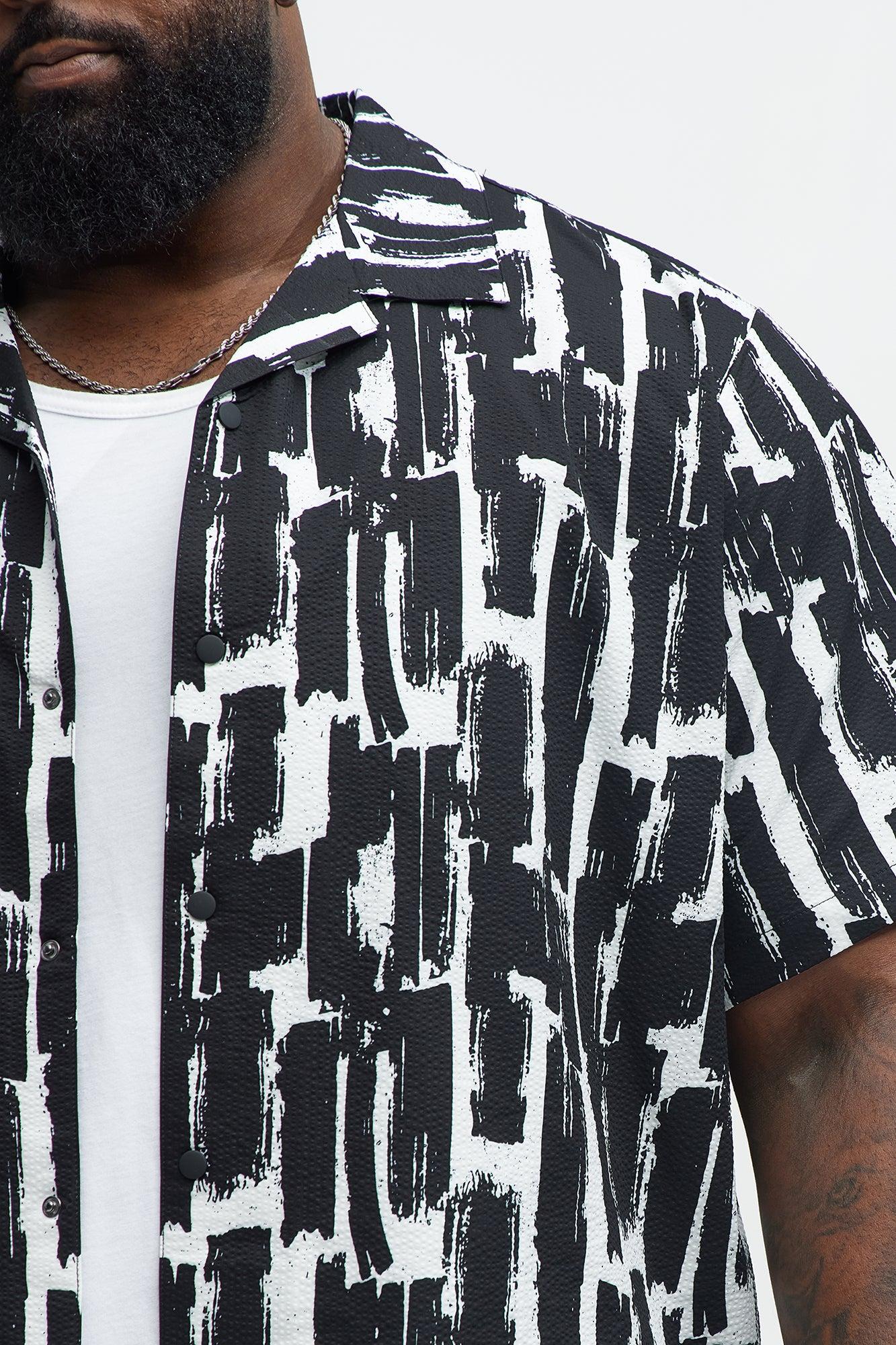 Seersucker Printed Short Sleeve Cuban Collar Shirt - Black/combo Product Image