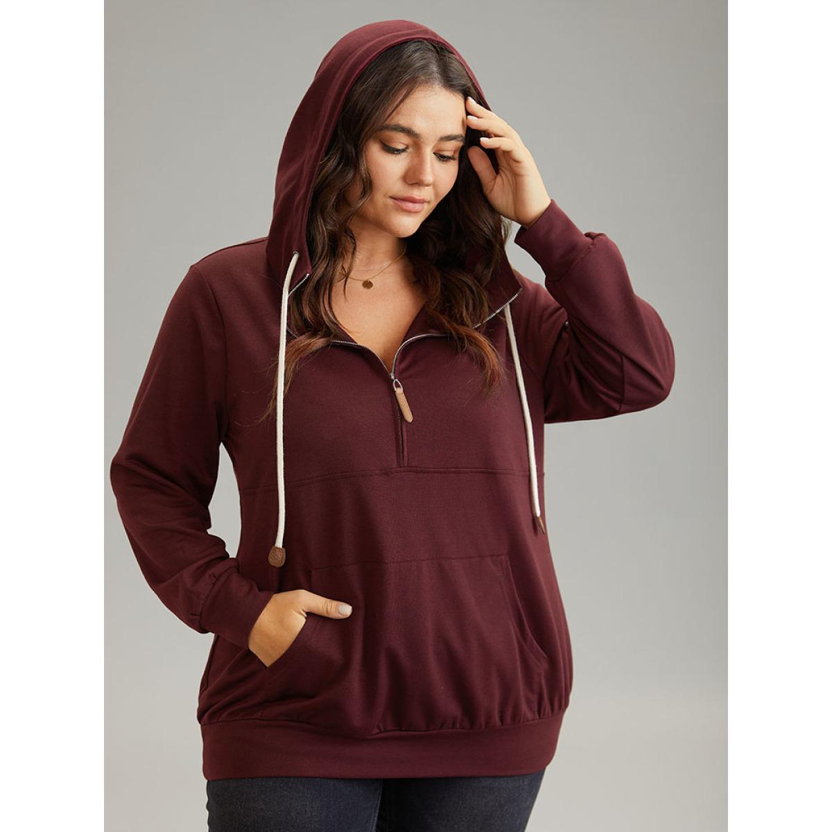 Plus Size Contrast Half Zip Patched Pocket Hooded Sweatshirt Women Burgundy Casual Contrast Hooded Dailywear Sweatshirts BloomChic 10/M Product Image
