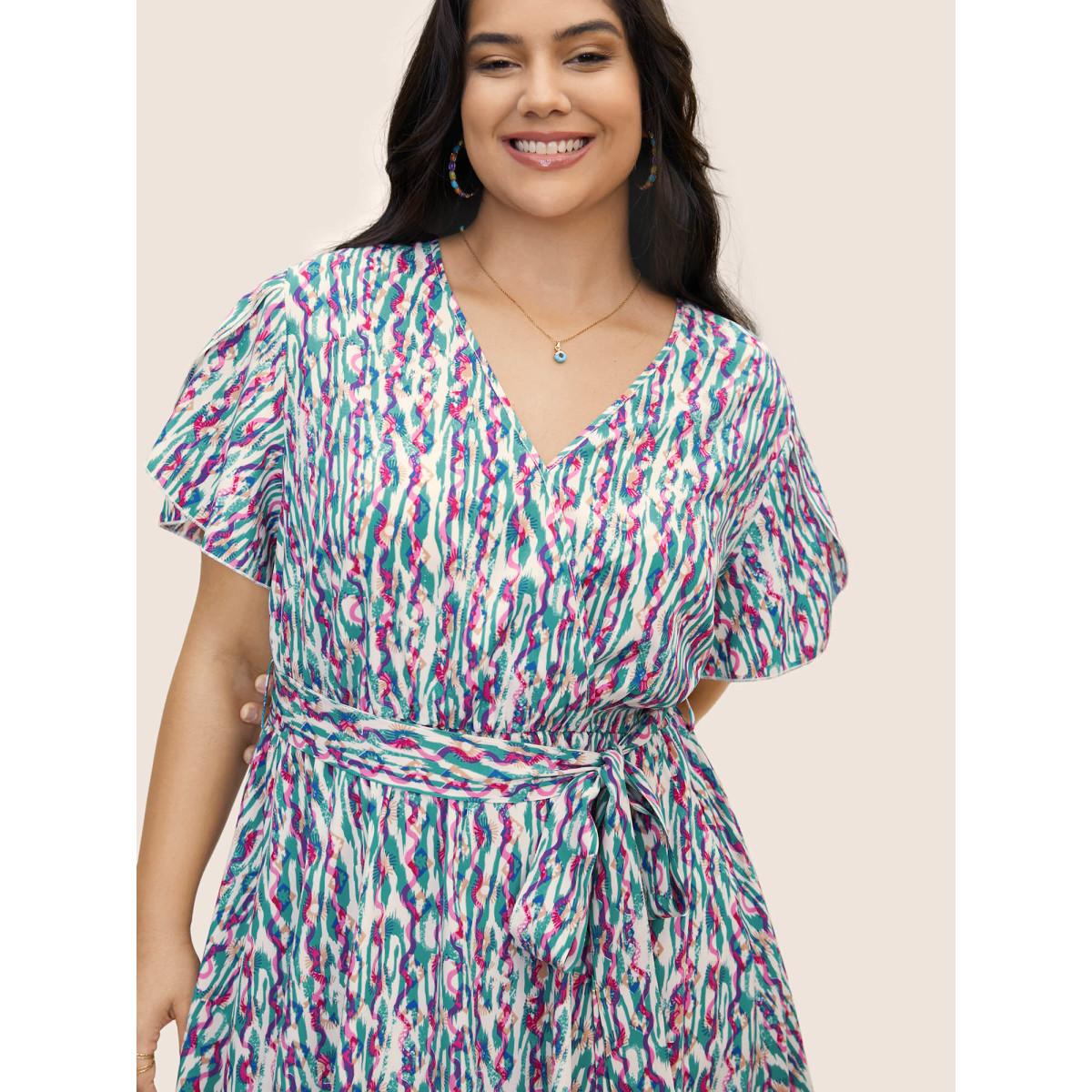 Plus Size V Neck Striped Belted Petal Sleeve Dress Turquoise Women Resort Belted V-neck Short sleeve Curvy BloomChic 12/L Product Image