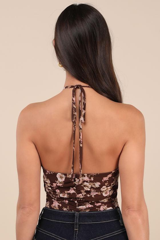 Creative Essence Brown Floral Cross-Front Halter Bodysuit Product Image