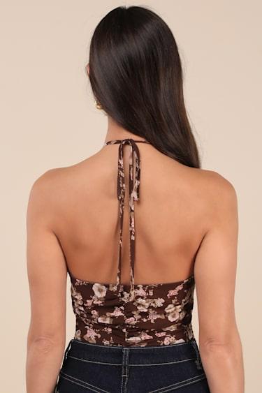 Creative Essence Brown Floral Cross-Front Halter Bodysuit Product Image