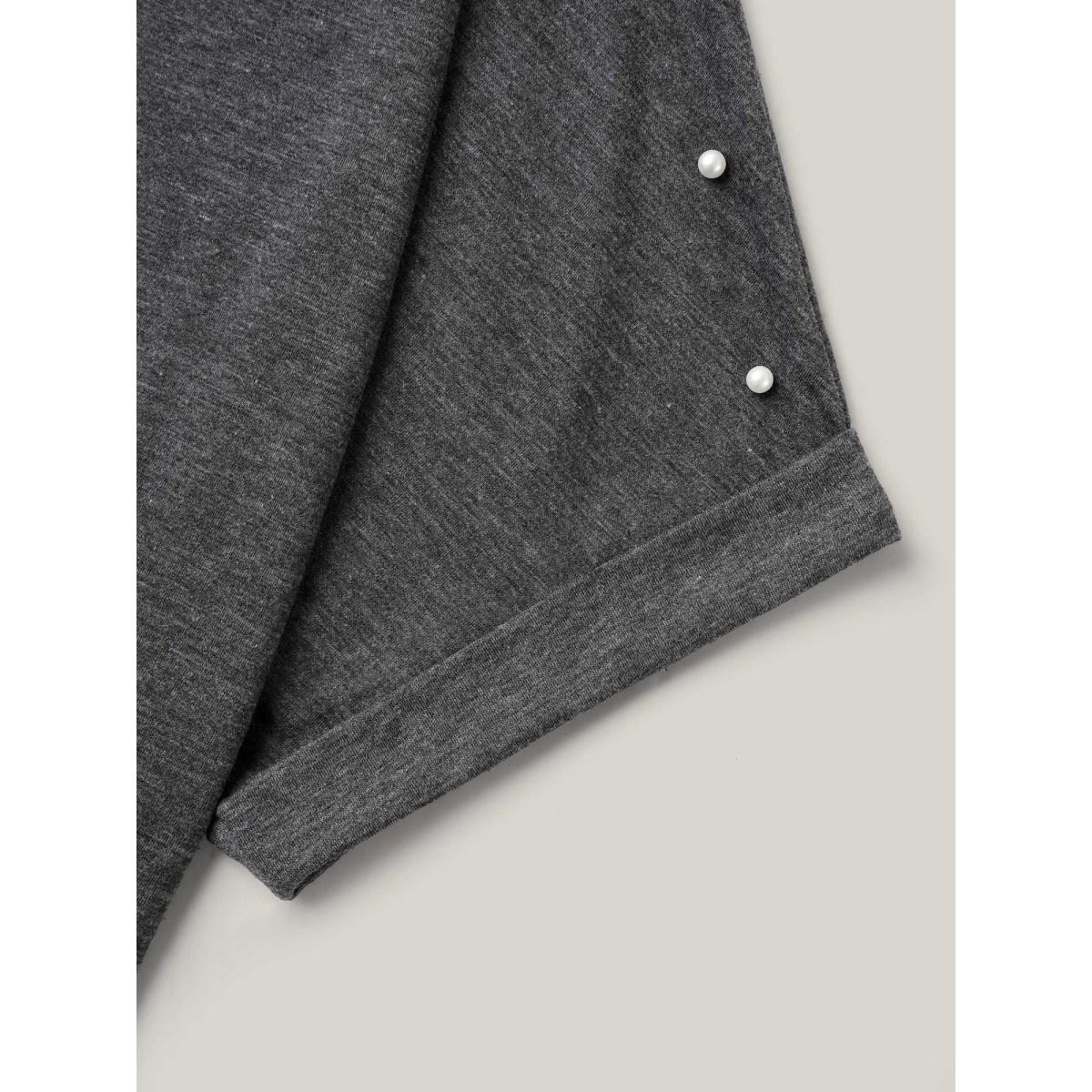 Plus Size Pearl Beaded Shoulder Plain T-Shirt DimGray Women Beaded Round Neck Loose Everyday-Casual T-shirts BloomChic 12/L Product Image