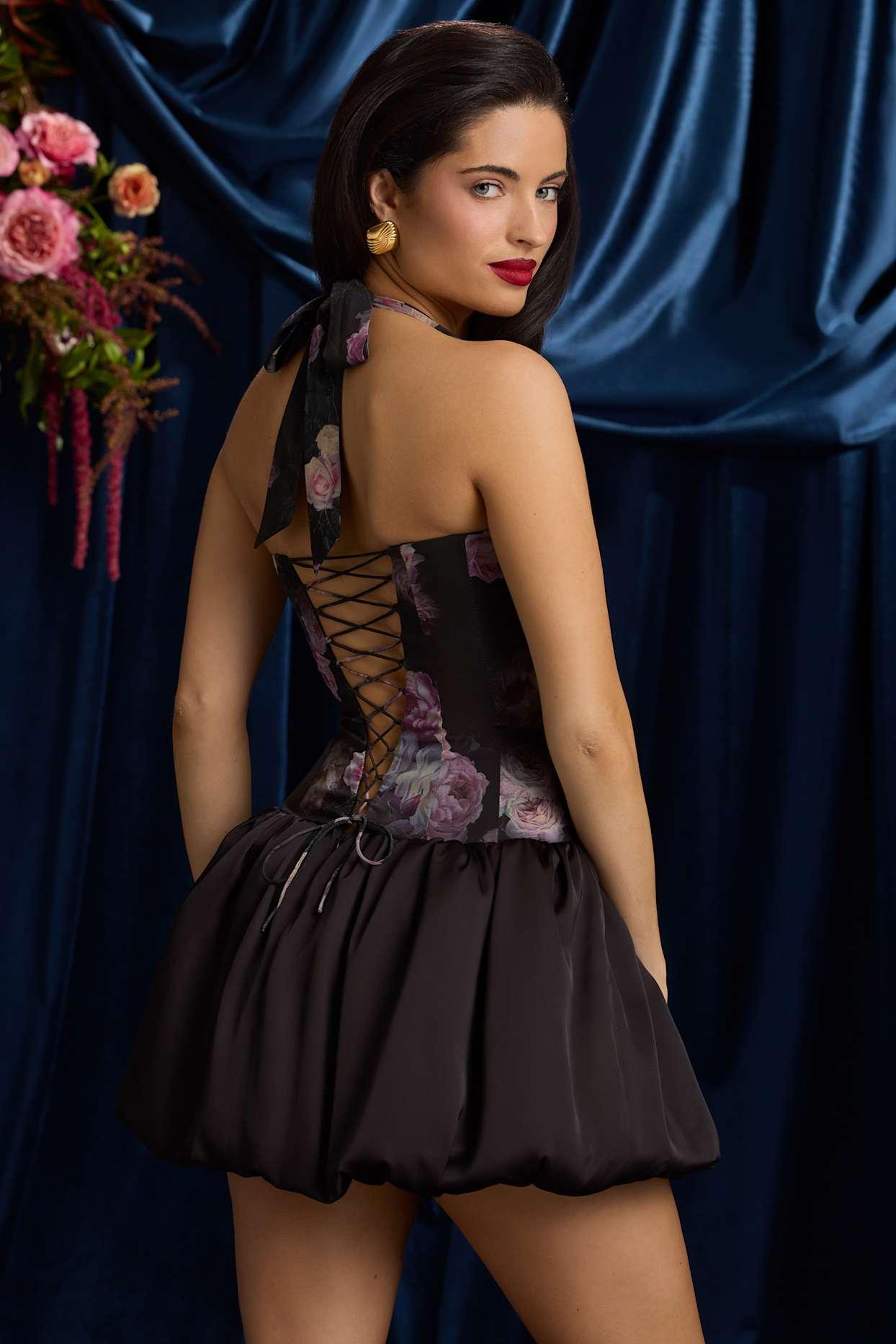 Halterneck Lace-Up Bubble Hem Mini Dress in Black Floral Print Product Image