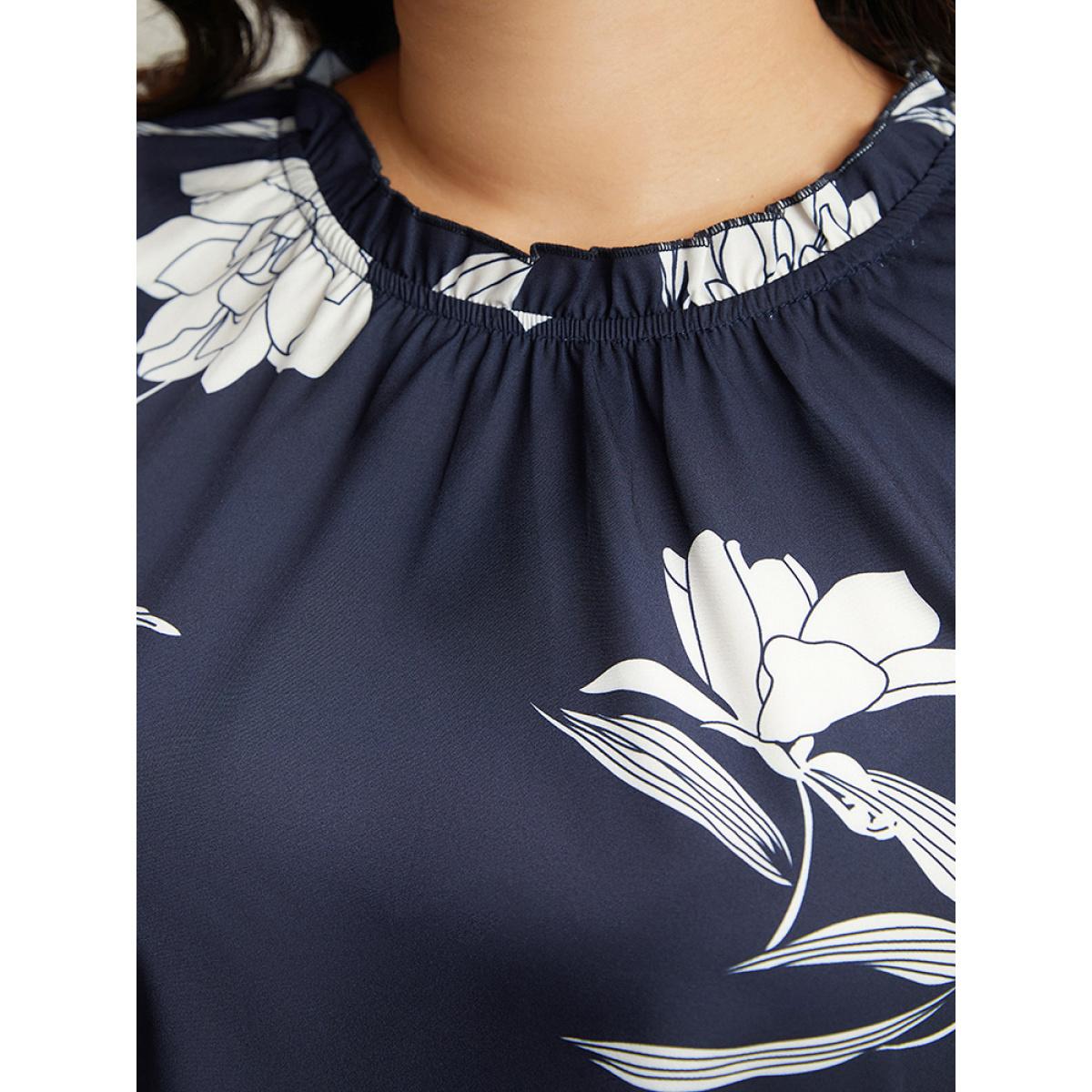 Plus Size Indigo Silhouette Floral Print Frill Trim Pleated Blouse Women Elegant Long Sleeve Round Neck Dailywear Blouses BloomChic 10/M Product Image