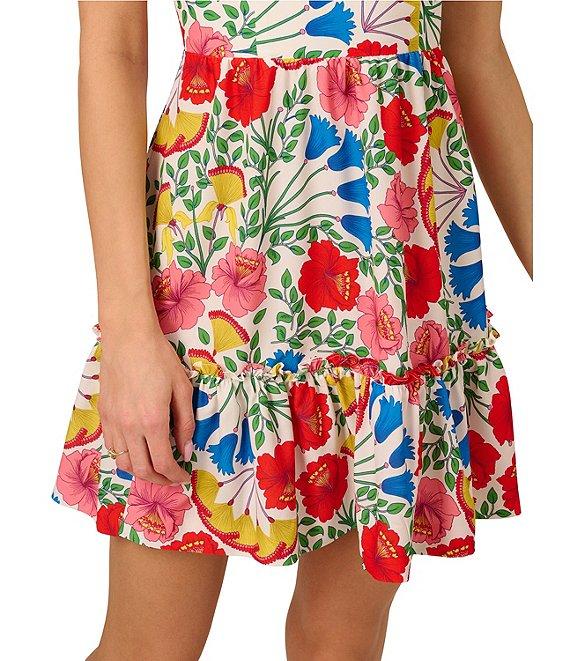 Adrianna by Adrianna Papell Floral Print Square Neck Sleeveless A-Line Mini Dress Product Image