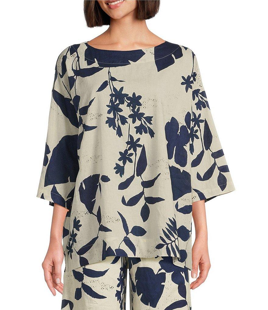 Bryn Walker Foglie Print Linen Blend Boat Neck 3/4 Sleeve Resort Coordinating Shirt Product Image