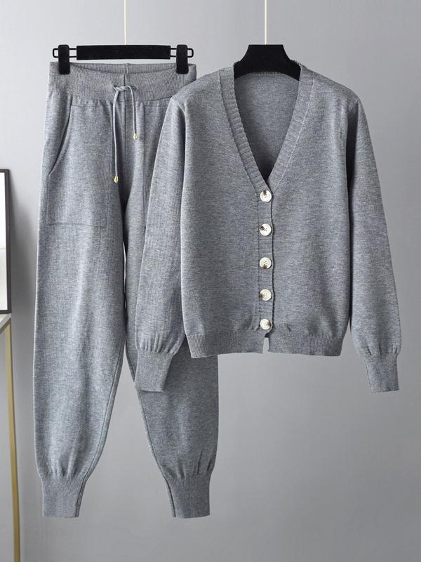 Casual Loose Solid Color V-Neck Cardigan Tops & Harem Pants Two Pieces Set Product Image