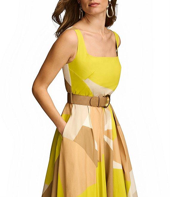 Donna Karan Sleeveless Square Neck A-Line Belted Geometric Print Midi Dress Product Image