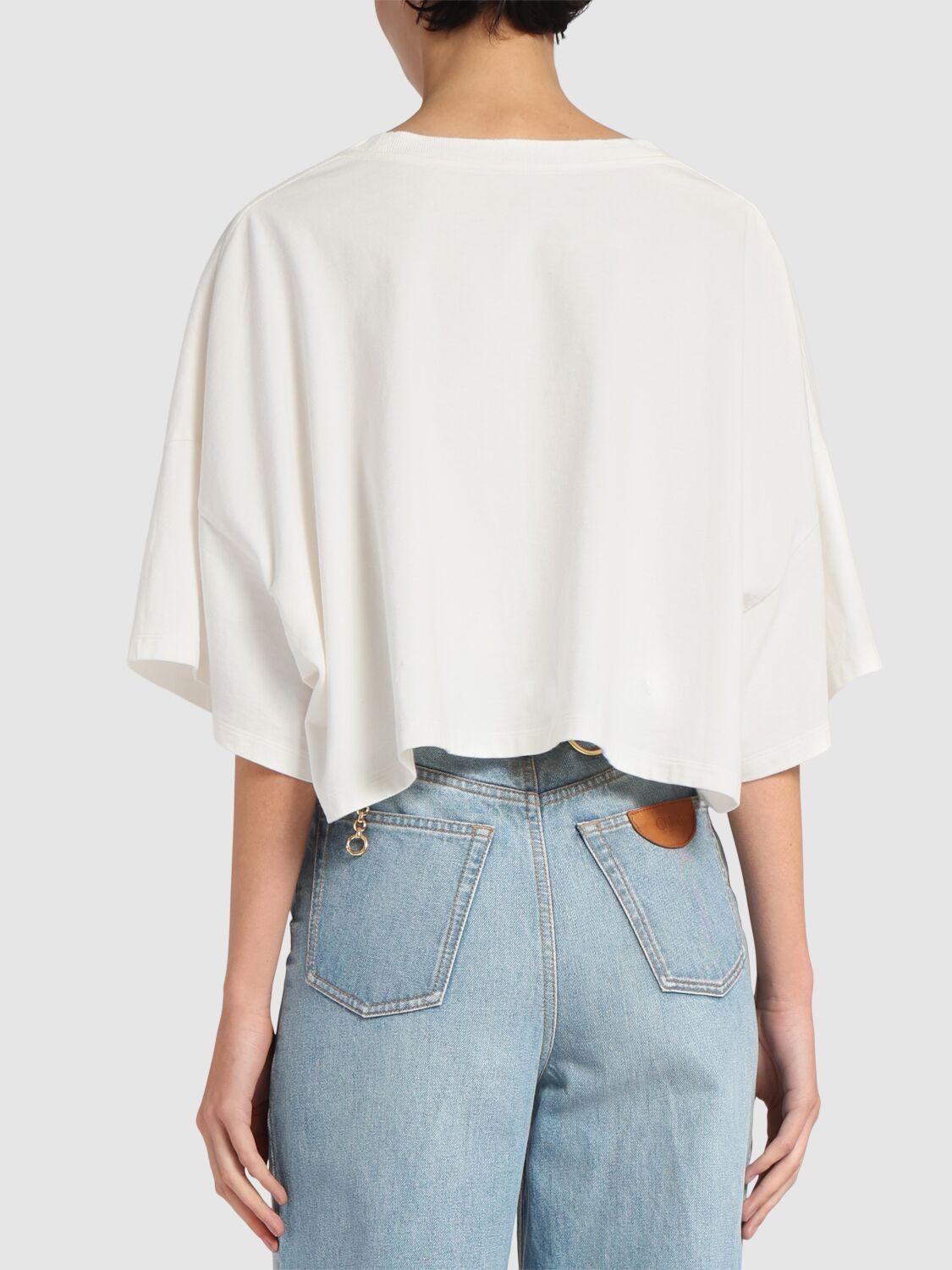 CHLOÉ White Cropped Crewneck T-shirt With Maxi Logo Print On The Front In Cotton Woman In Multicolor Product Image