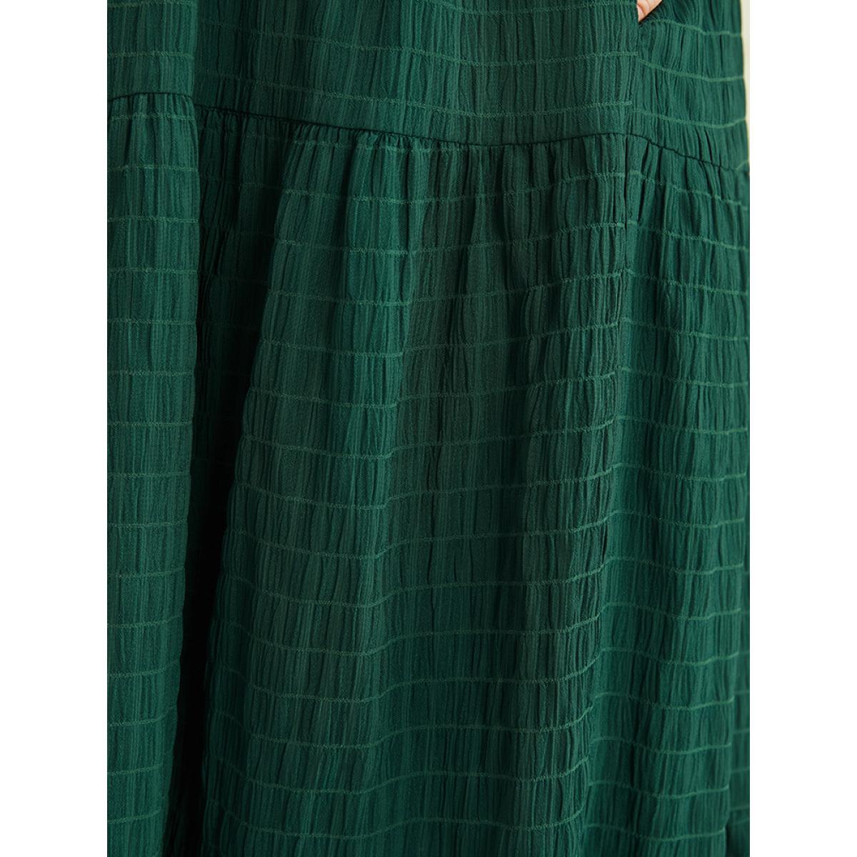 Plus Size Solid V Neck Lantern Sleeve Pocket Gingham Flutter Dress DarkGreen Women Elegant Pocket V-neck Long Sleeve Curvy Midi Dress BloomChic 22-24/3X Product Image