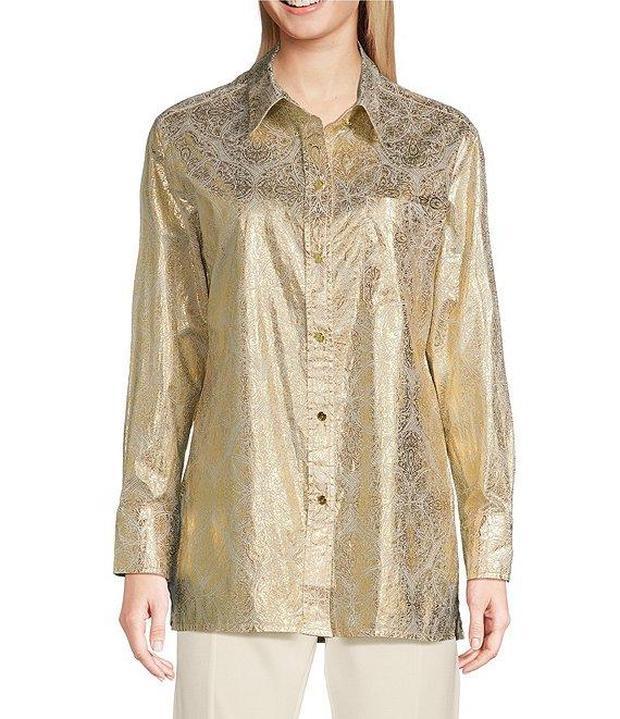 Jude Connally Kimber Gold Foil Medallion Print Point Collar Long Sleeve Button Front Shirt Product Image