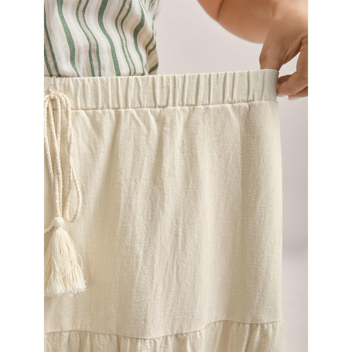 Plus Size Stretchy Waist Drawstring Tiered Maxi Skirt Women Originalwhite Resort Loose No stretch Side seam pocket Vacation Skirts BloomChic 12/L Product Image