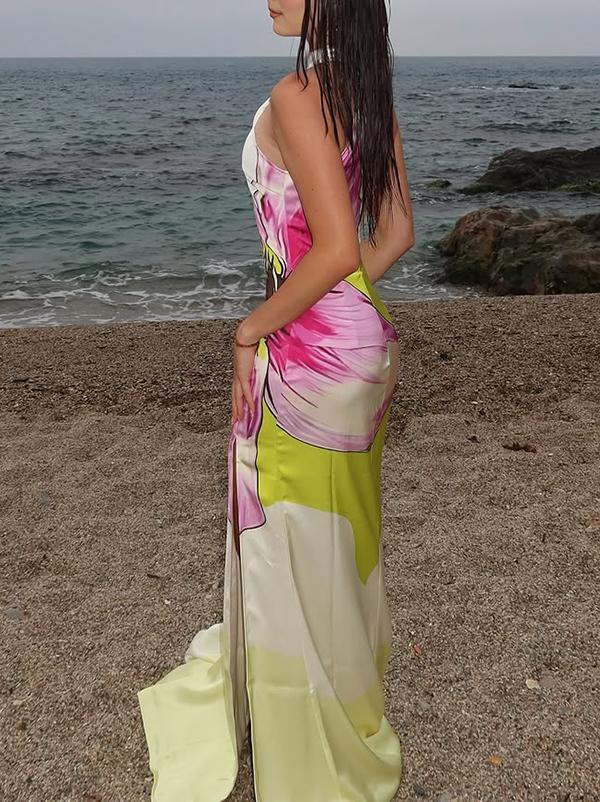 Bodycon Flowing Hemline Sleeveless Flower Print Split-Side Halter-Neck Maxi Dresses Product Image