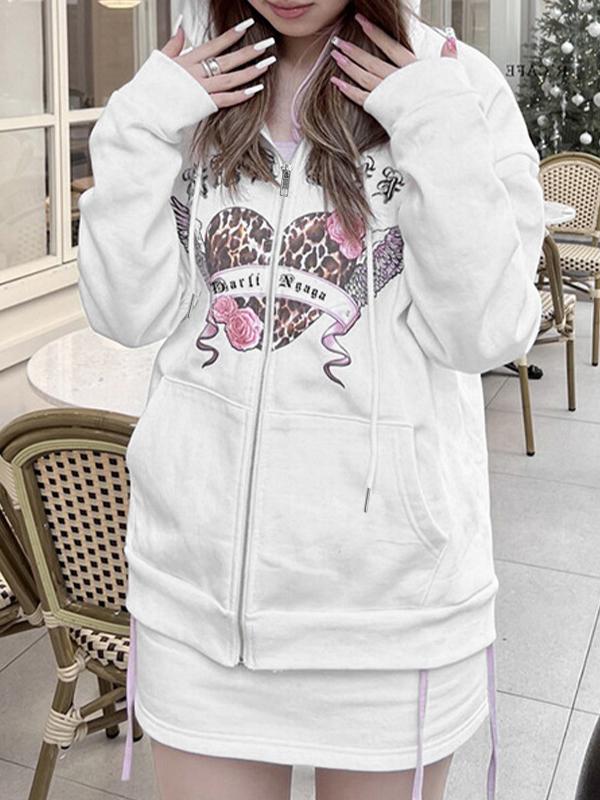Ear Styling Heart Print Zip Up Oversized Hoodie Product Image