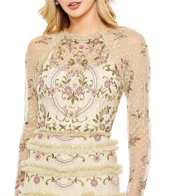 Mac Duggal Polka Dot Print Illusion Crew Neck Long Mesh Sleeve Tiered Ruffled Gown Product Image