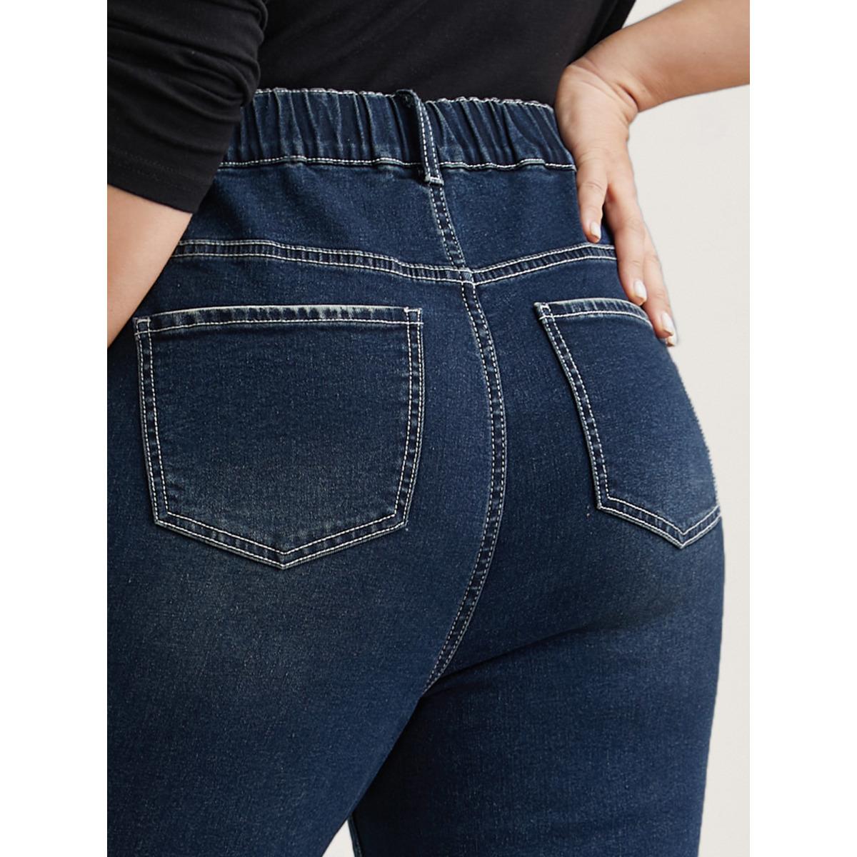 Plus Size Whiskered Stretchy Waist Bootcut Jeans Women Darkindigo Elegant Button Medium stretch Slanted pocket Jeans BloomChic 20/2X Product Image