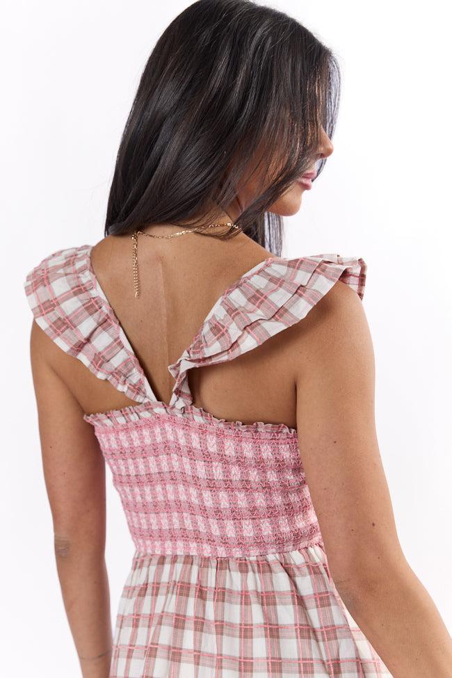 Checked Treasures Pink and Brown Plaid Tiered Midi Dress FINAL SALE Product Image