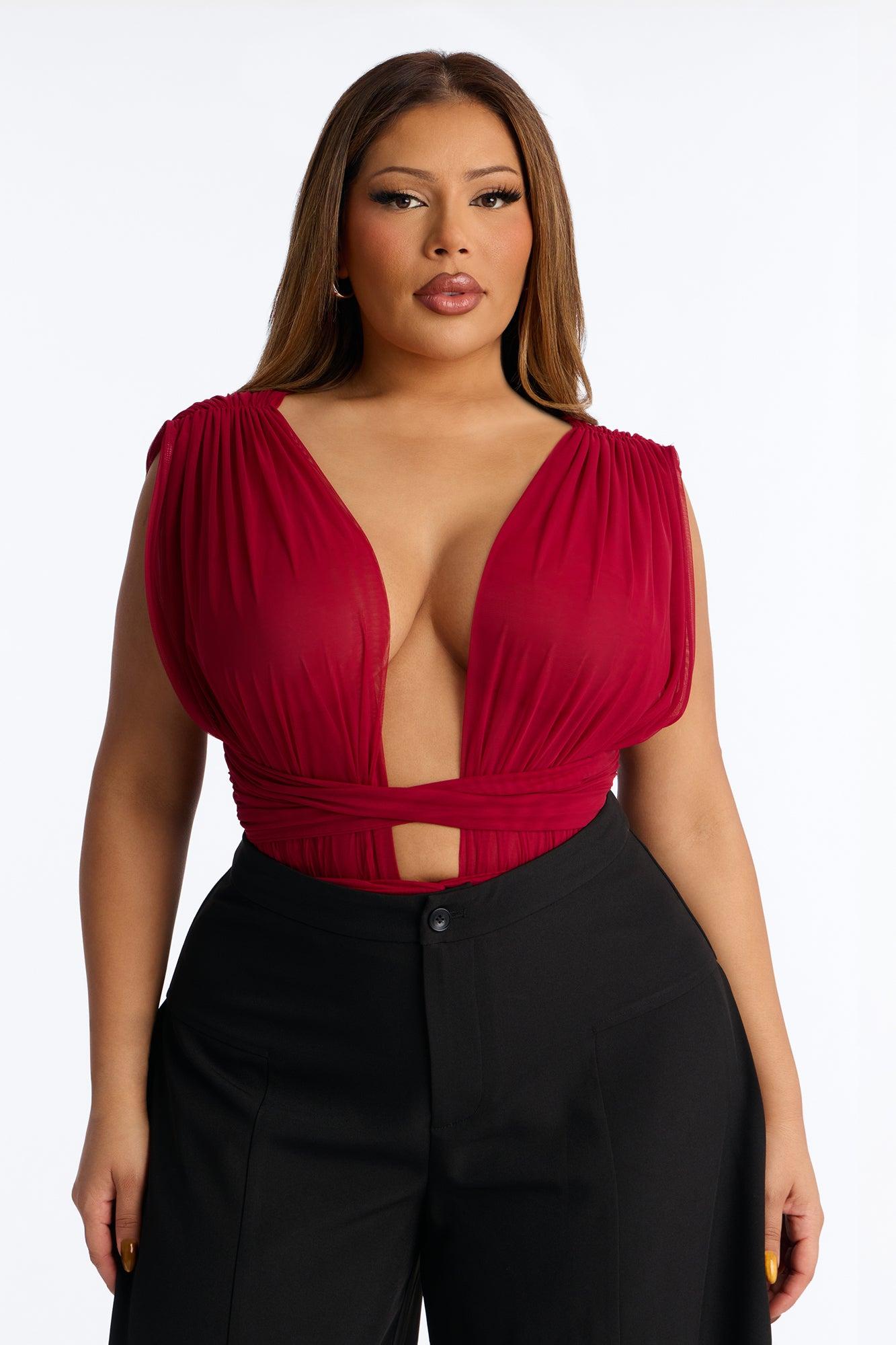 Midnight Siren Mesh Deep V-Neck Ruched Bodysuit - DarkRed Female Product Image