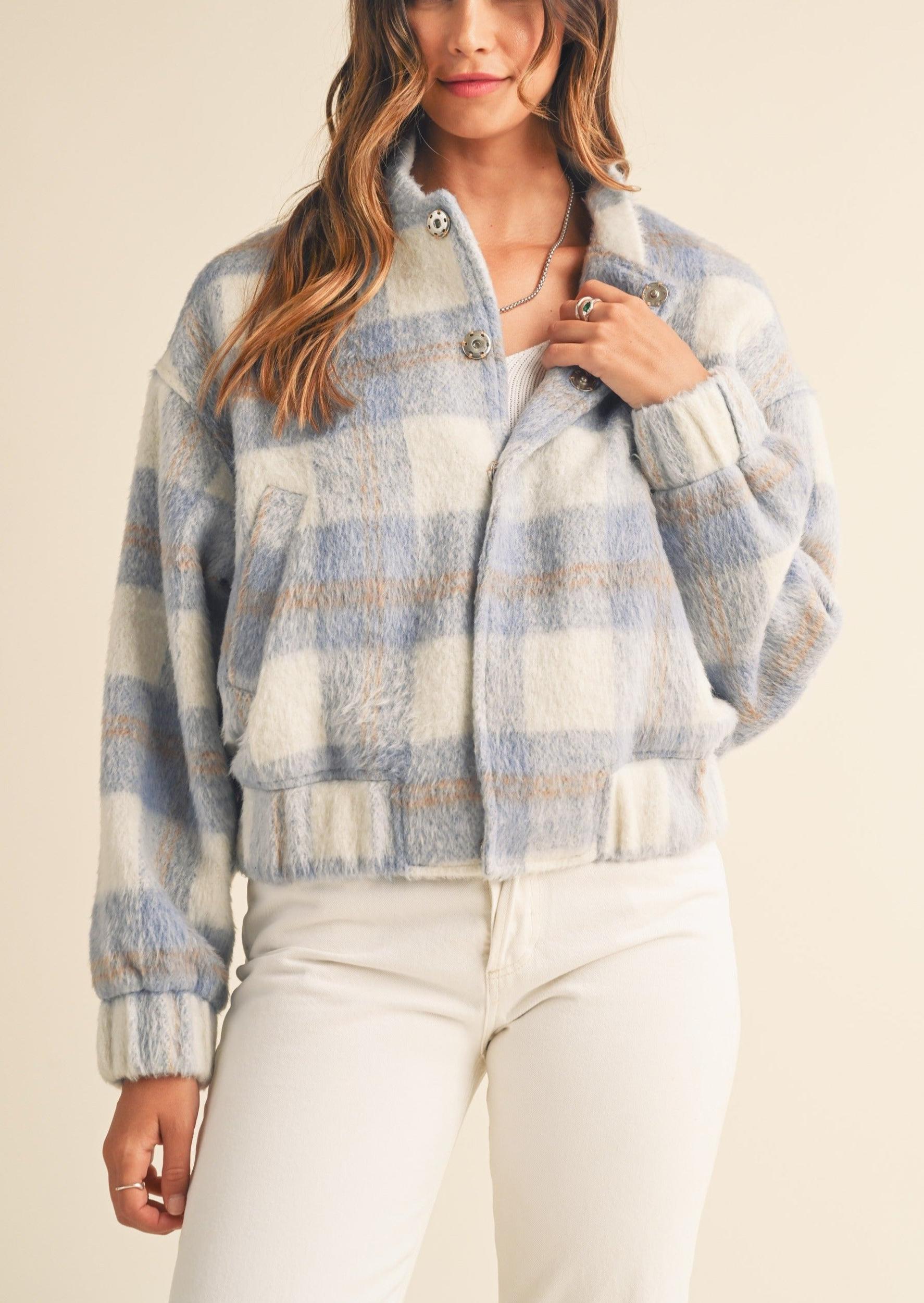 Fuzzy Plaid Bomber Jacket Product Image