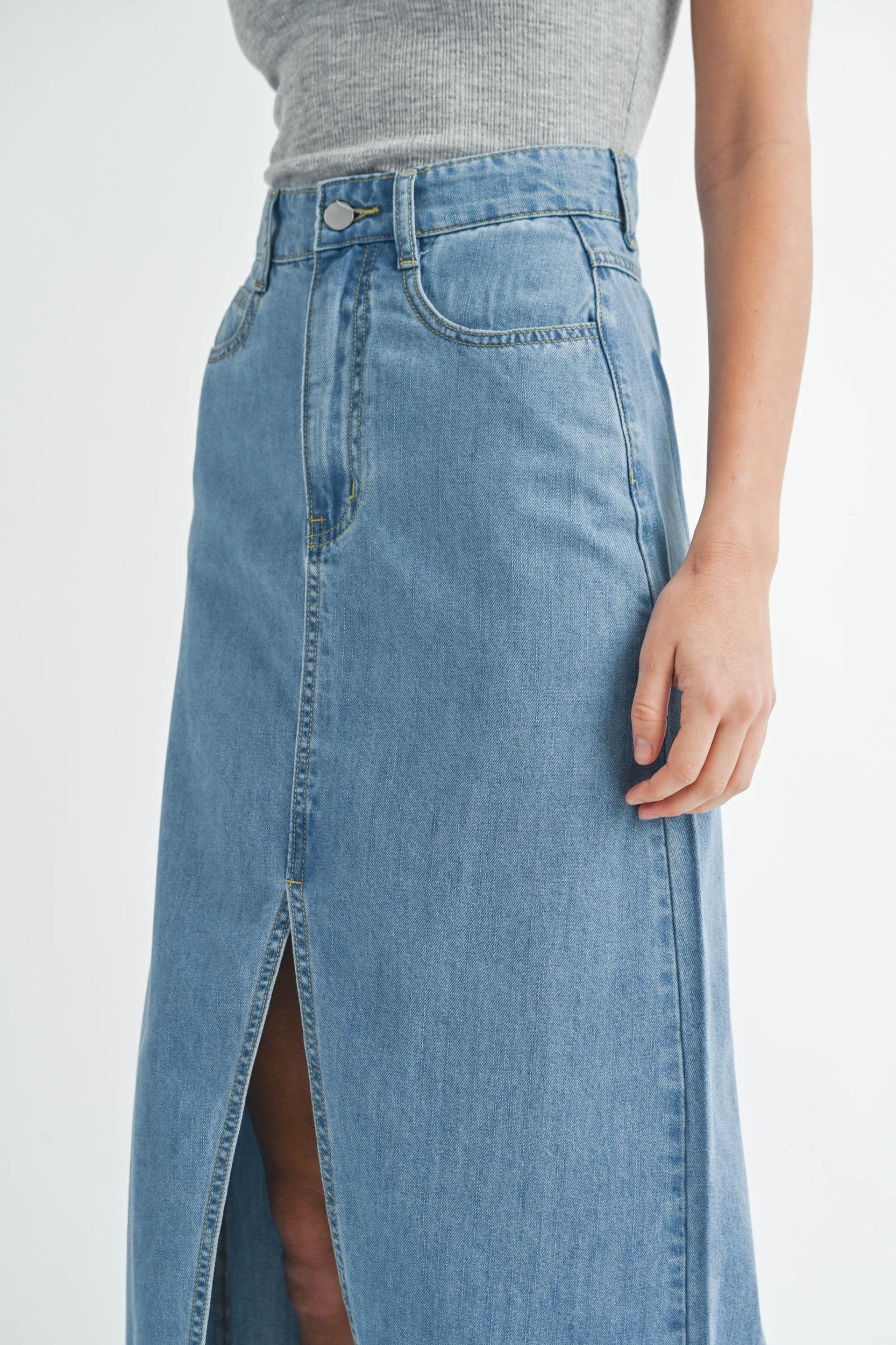 Front Slit Denim Midi Skirt Product Image