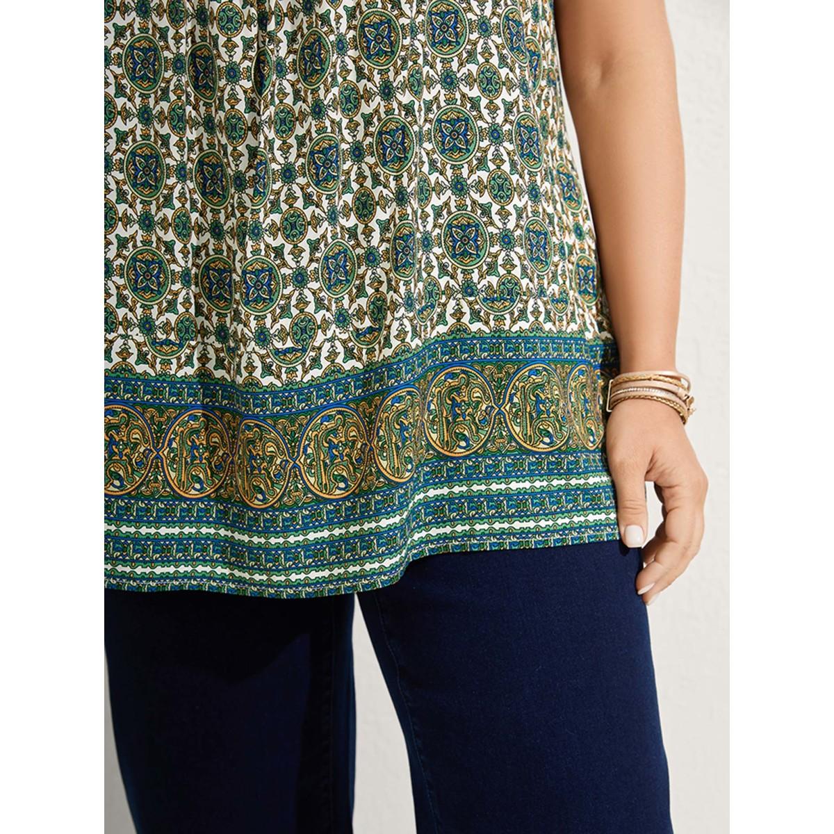 Plus Size Floral Print Pleated Neckline Tank Top Women Teal Boho Pleated Square Neck Vacation Tank Tops Camis BloomChic 12/L Product Image