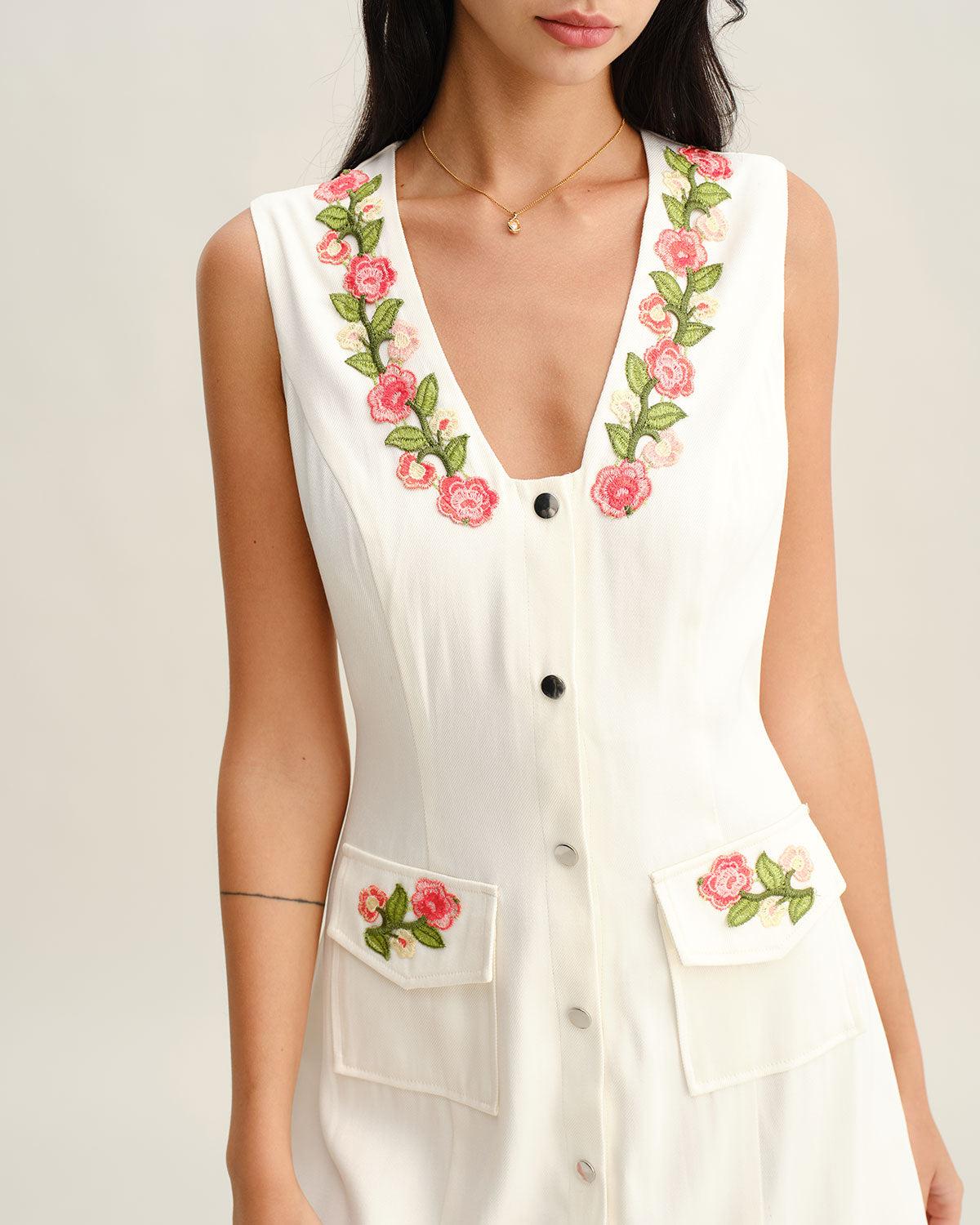White Floral V Neck Sleeveless Mini Dress Product Image