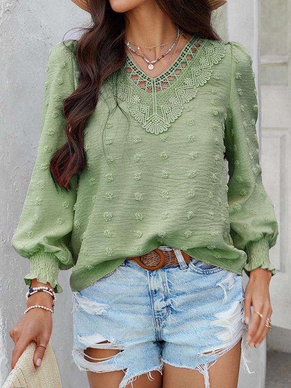 Long Sleeves Loose Elasticity Hollow Jacquard Solid Color V-Neck Blouses&Shirts Tops Product Image