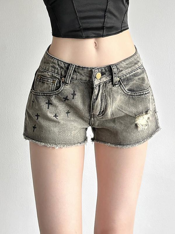 American-Style Distressed Cross Print Denim Shorts Product Image