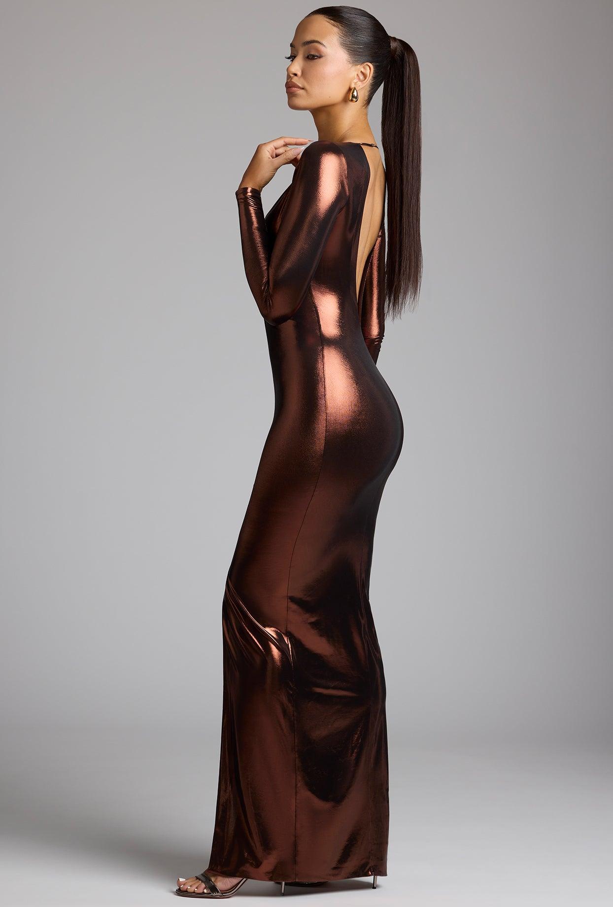 Long Sleeve Metallic Jersey Evening Gown in Copper Bronze Product Image