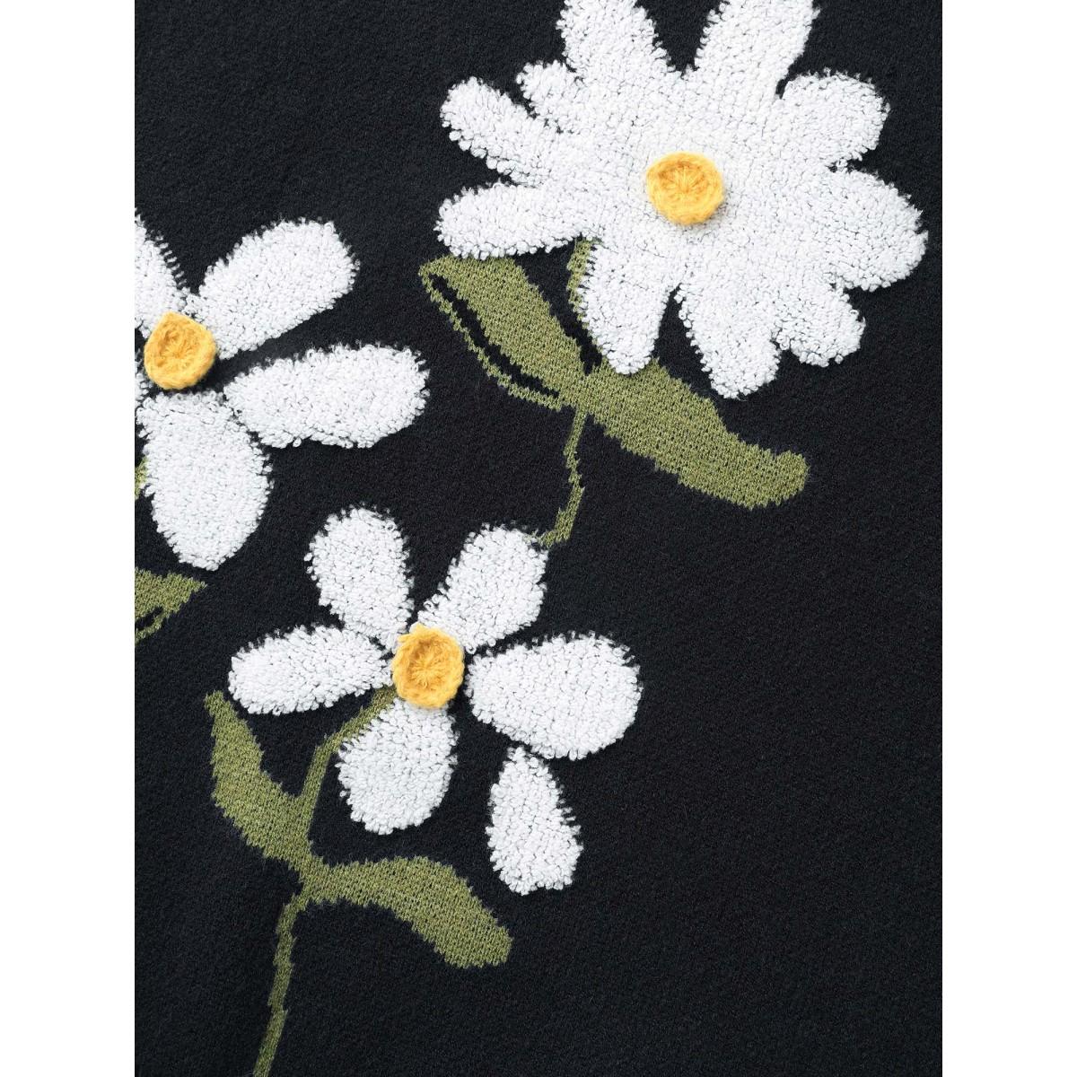 Plus Size Round Neck Floral Contrast Texture Pullover Indigo Women Playful Long Sleeve Round Neck Casual Pullovers BloomChic 30/6X Product Image