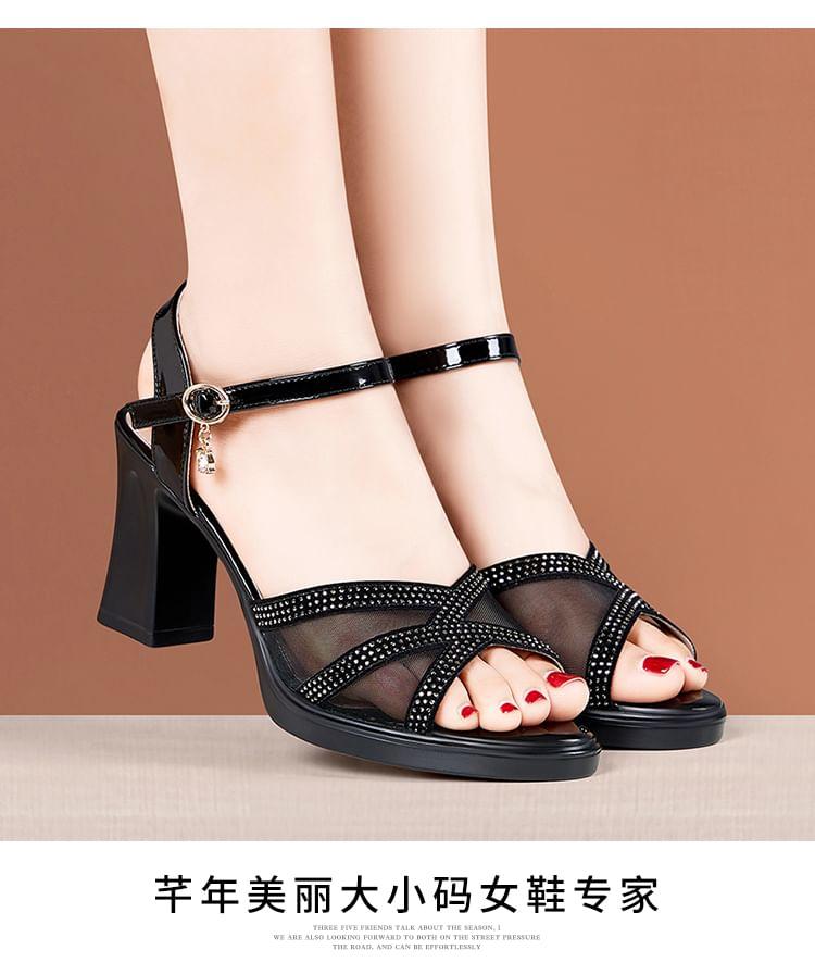 Rhinestone Panel Mesh High Heel Sandals Product Image